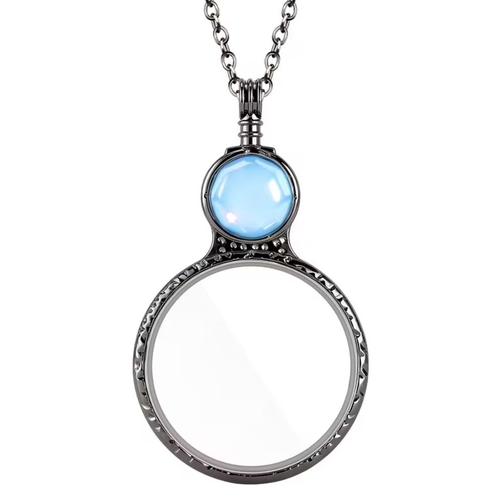 Lt Blue Gemstone Magnifying Glass Necklace Pendant Antique Style Chain Crystal